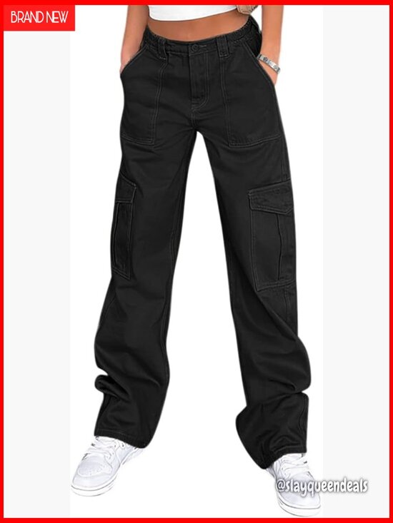 Pants - High Waisted Cargo Pants with 6 Pockets Baggy Wide Leg Streetwear